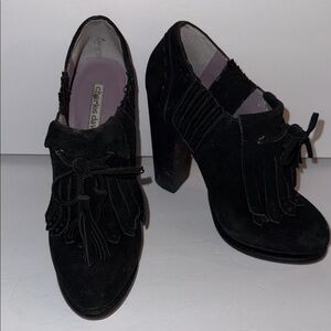 Charles David Black Suede Fringe Block Heels Bootie Women’s Size 6